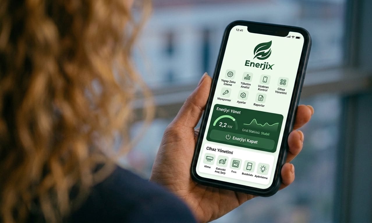 Yapay zeka izleme, tüketim analizi, uzaktan kontrol, canlı yük göstergesi ve cihaz yönetimini içeren ENERJİX mobil uygulama ana ekranı