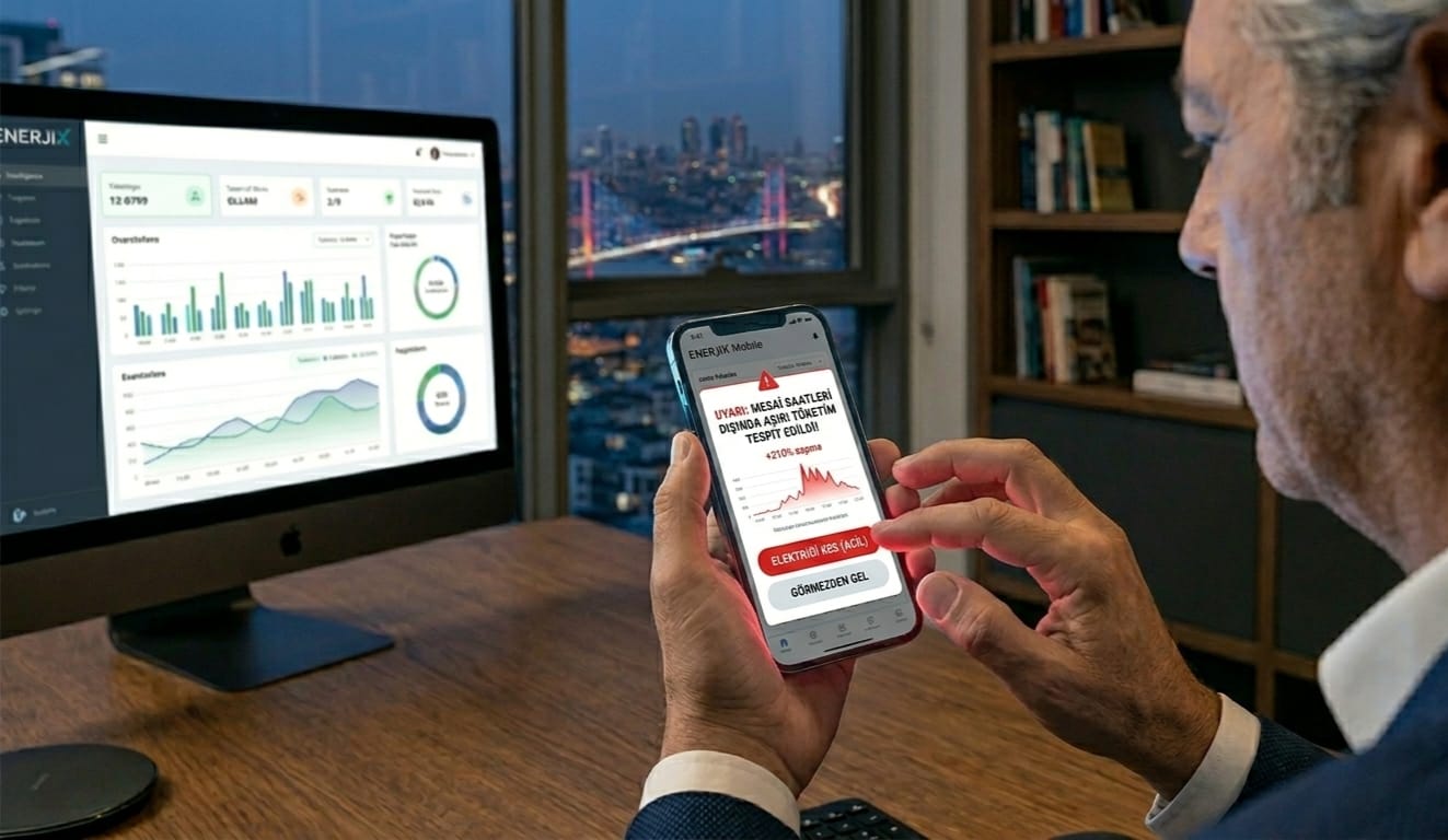 Aşırı tüketimi acil enerji kesme seçeneğiyle bildiren ENERJİX web paneli ve mobil uyarısı